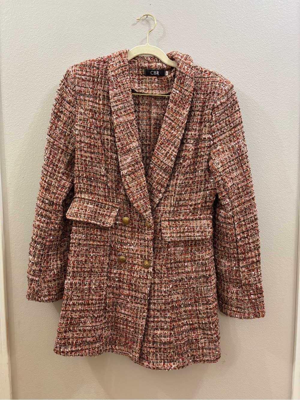CBR Pink-Red Tweed Double-Breasted Blazer Jacket with Gold Buttons - Picture 1 of 5